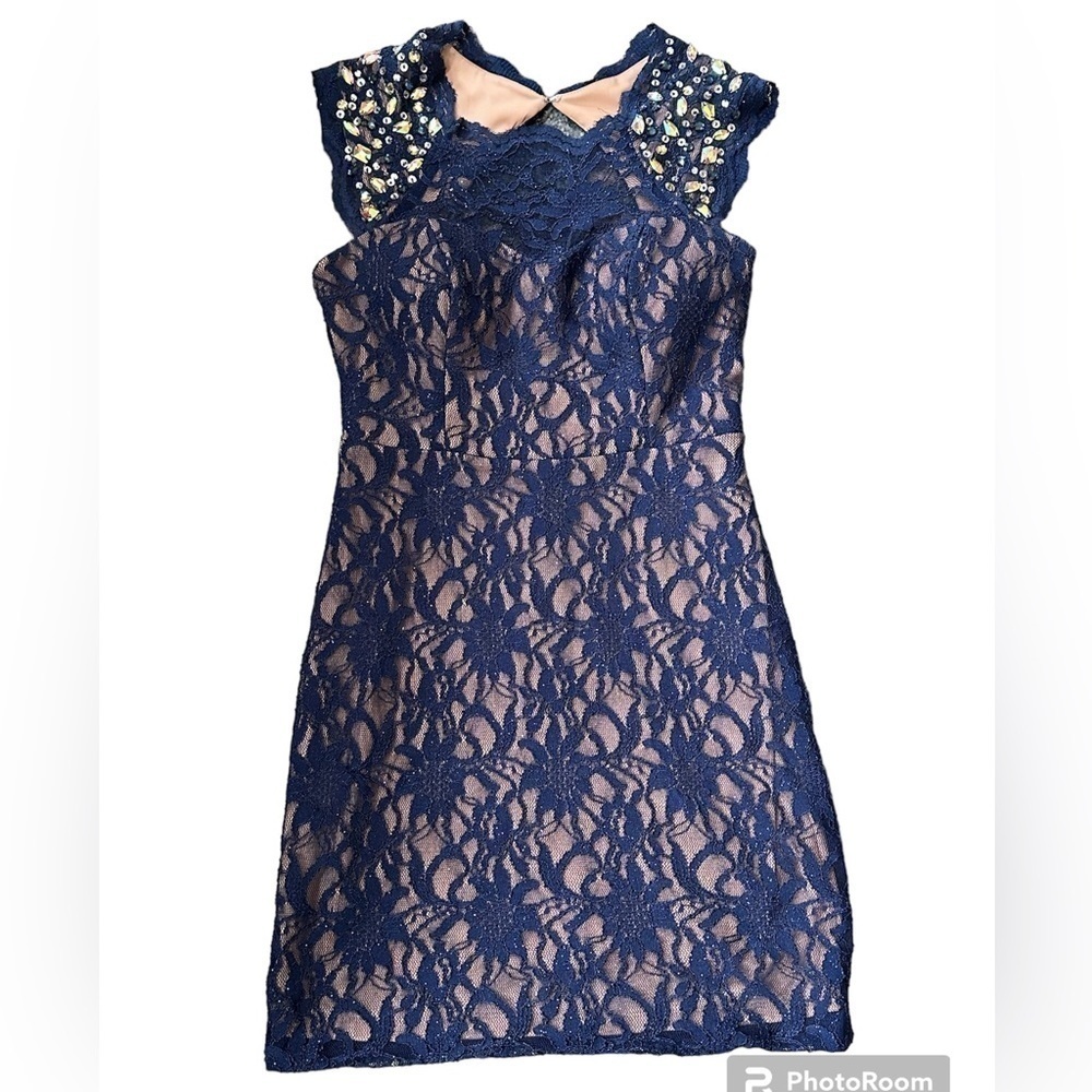 Jodi Kristopher‎ size 11 navy blue sparkle lace dress Crystal sequins y2k